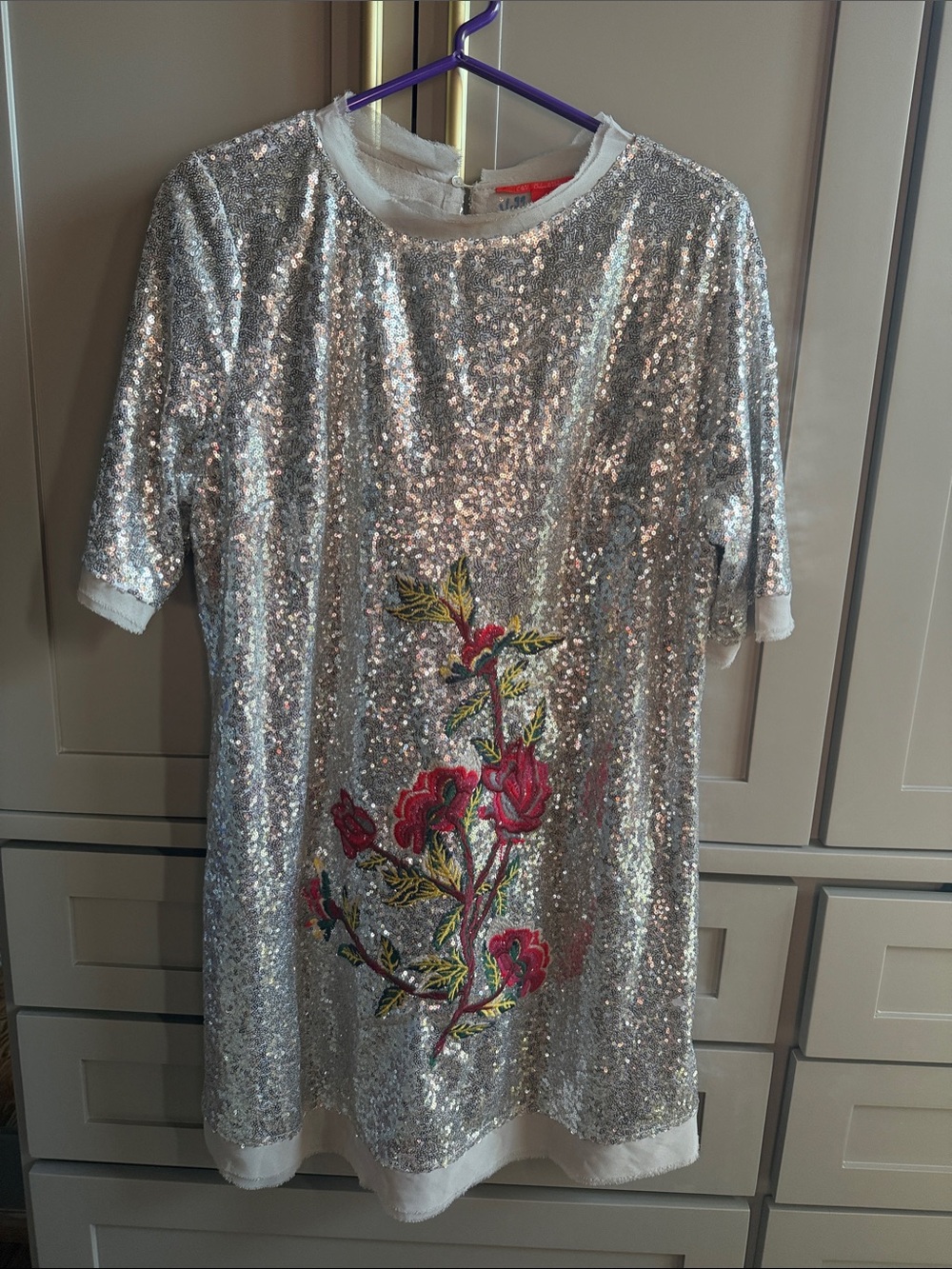 Chelsea and Violet, Sparkling Silver Sequin Dress with Red Floral Applique